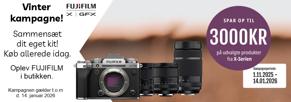 Vinter kamapange sammensæt dit eget kit! køb allerede idag!. Oplev fujifilm i butikken, Spar op til 3.000 kr. på udvalgte x-series modeller. gælder t.o.m. 14.januar 2026.